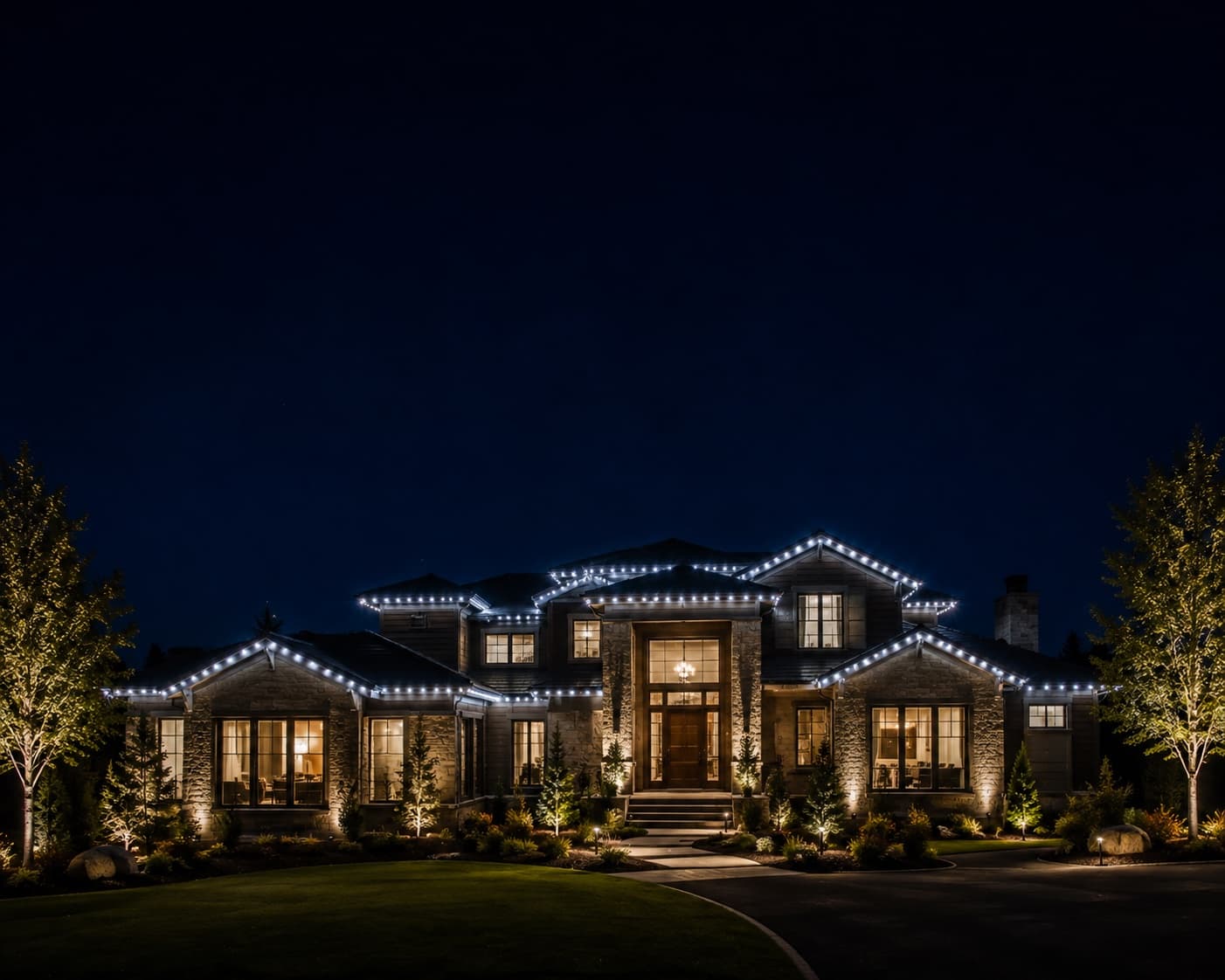 Modern estate home with crisp cool white roofline lighting and landscape uplighting