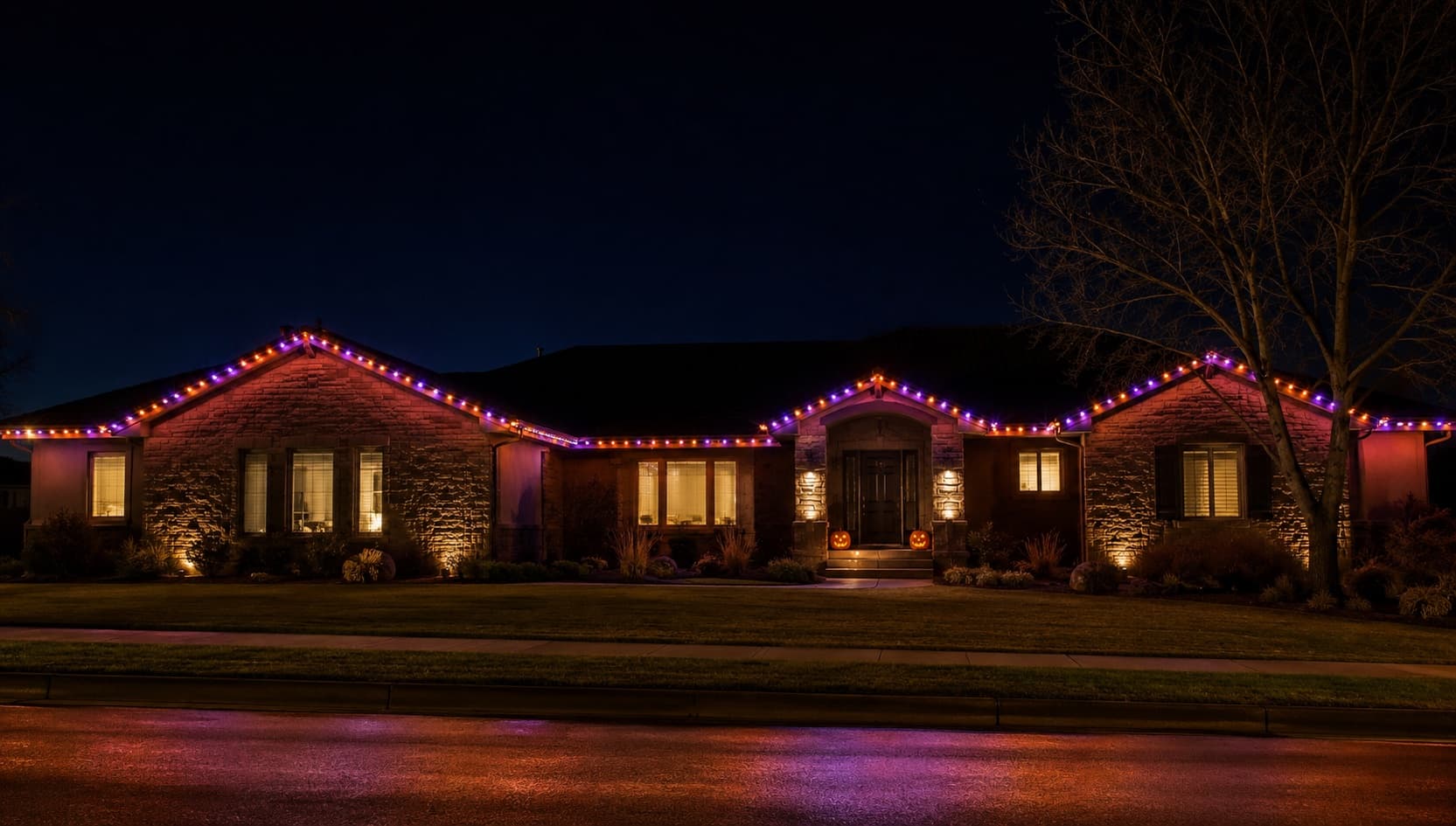 Ranch home glowing orange and purple for Halloween