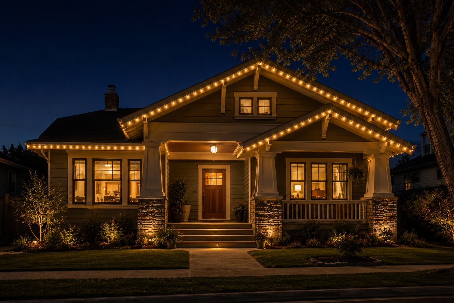 Craftsman bungalow with soft amber roofline lighting at dusk